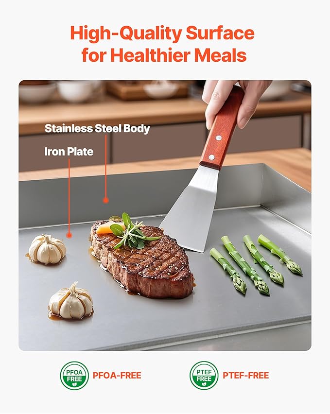 VEVOR Commercial Electric Griddle, 28.54 x 15.75 inches, 4400W, 122-570°F Adjustable Temp Control, Stainless Steel Body, Half Grooved Half Flat, with 2 Spatulas, 2 Brushes, and 4 Foot Pads, for Steak