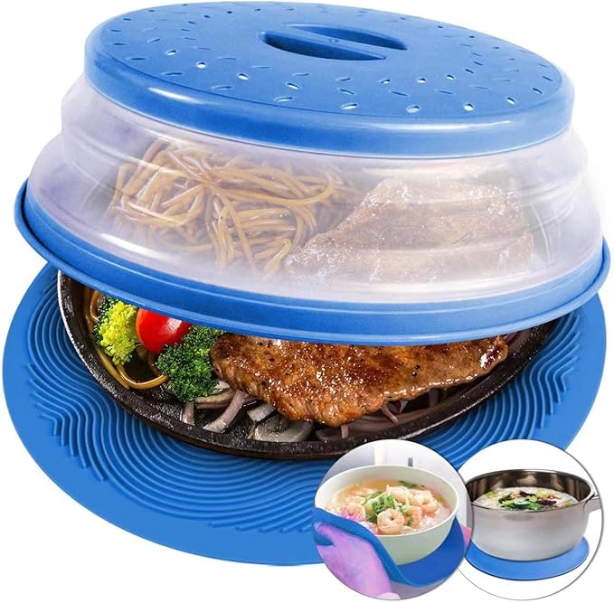 2 in 1, Aidacom Microwave Mat & Food Cover- Mat as Bowl Holder, Cover for Splatter Guard, Multi-use: Silicone Trivet, Pot Holders, Drying, Baking, Place Mat, Utensils Rest for Kitchen Counter, Blue