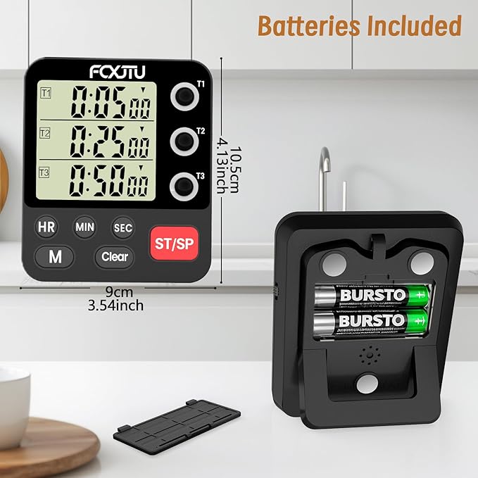 FCXJTU Digital Dual Triple Kitchen Timer, 3-Channel Magnetic Countdown Timer for Cooking, Large Display Stopwatch Multi Food Classroom Timer Loud Alarm for Seniors Teachers Battery Included (Black)
