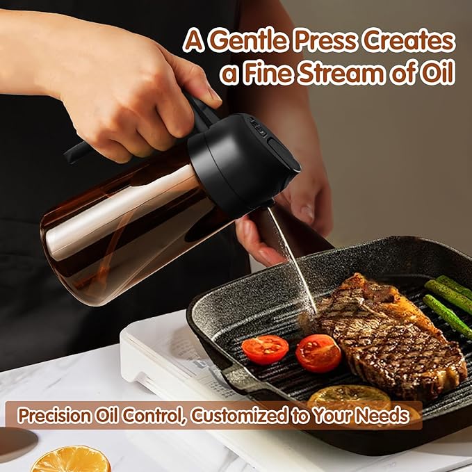 YARRAMATE 2PCS 16oz/470ml Oil Sprayer for Cooking with Stickers, Food-Grade 2 in 1 Olive Oil Dispenser Bottle for Kitchen, Premium Dark AmberGlass Oil Bottle for Air Fryer, BBQ (Black & Green)