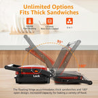 Panini Press Grill, Aigostar 1000W Sandwich Maker with Ceramic Non-stick Plates, Opens 180 Degrees for Any Size Food, 3-in-1 Sandwich Press Electric Grill, Drip Spout & Locking Lid, Red