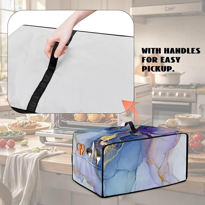Marble Print Toaster Oven Dust Cover, Heavy Duty Heat-Resistant Cover for Kitchen Counter Small Appliances, with Accessory Pockets, Blue Violet Gold, (Small-14.5*18.46*9 inches)