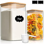 ComSaf Glass Pantry Storage Containers, 4.6Qt/1.6Qt Large Square Flour and Sugar Containers with Airtight Lids, 1.2 Gallon Glass Jars with Bamboo Lids for Rice, Pasta, Cookies, Coffee Beans