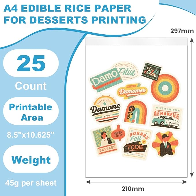 PatiFrussa 25 Count Edible Paper A4 11.7" x 8.3" Printable Frosting Sheets for Edible Printer, Icing Sheets for Cakes, Cupcakes, and Cookies, Professional Edible Image Paper