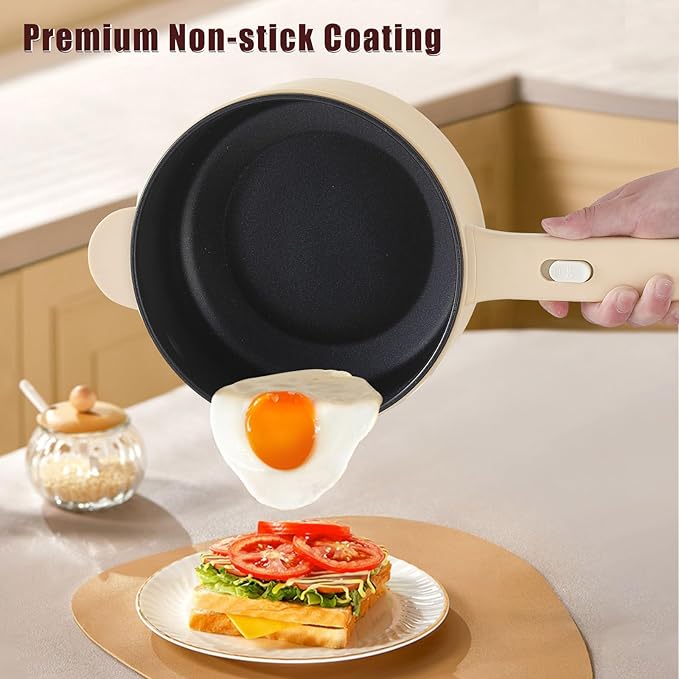 Dezin Hot Pot Electric, 2L Non-Stick Sauté Pan, Rapid Noodles Cooker, Mini Portable Pot for Steak, Egg, Fried Rice, Ramen, Oatmeal, Soup with Power Adjustment & Spatula, College Dorm Room Essential