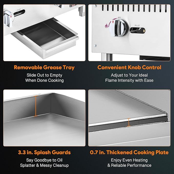 WILPREP Commercial Gas Griddle, 24 in. Gas Countertop Griddle with 2 30000 BTU U-Shaped Burners, NG LPG Compatible Flat Top Grill Hot Plate with Independent Knob Controls for Home Commercial Kitchen
