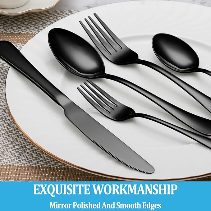 20 Pcs Black Silverware Set, Stainless Steel Flatware Set Service for 4, Mirror Polished Cutlery Utensil Set, Durable Home Kitchen Eating Tableware Set, Include Fork Knife Spoon Set, Dishwasher Safe