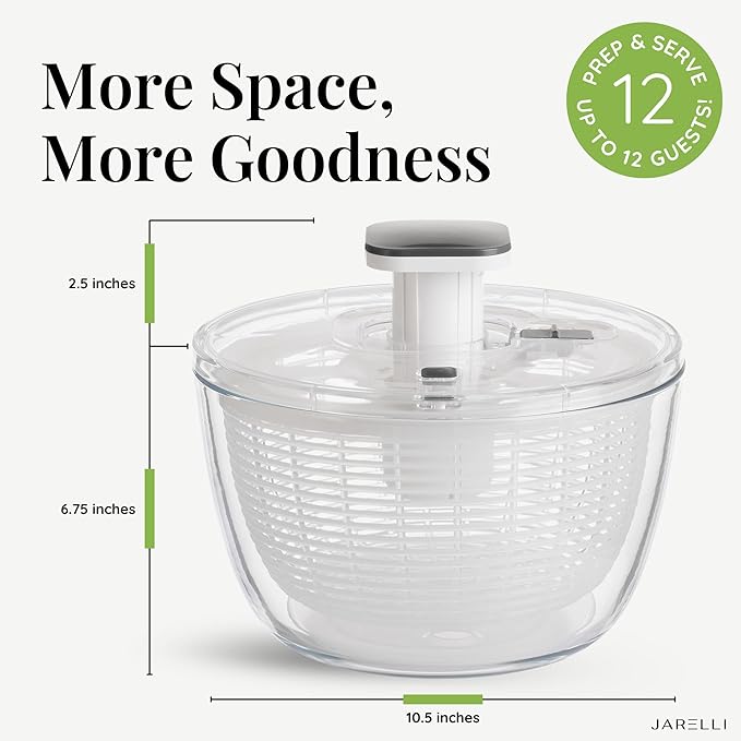 Glass Salad Spinner Large Capacity 6.3QT with Storage Lid | Boroscilicate Glass Bowl and BPA-Free and Food-Safe Colander, Base, Spinner Lid and Storage Lid | Washing, Spinning, and Draining