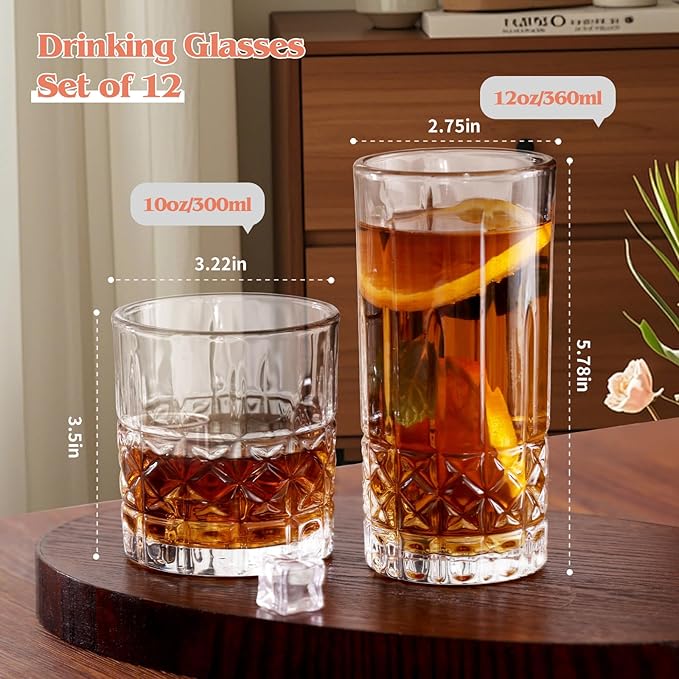 Moretoes Drinking Glasses, 12 Piece Crystal Glass Cups, Mixed Glassware Set, 6 Crystal Old Fashioned 10oz and 6 Highballs Glasses, Great for Cocktail, Whisky and Other Beverages