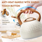 GGC Tea Kettle for Stove Top, Loud Whistling Kettle for Boiling Water Coffee or Milk, 3.1 Quart 3L Heavy Stainless Steel White Kettles with Wood Pattern Handle, Unique Button Control Kettle Outle