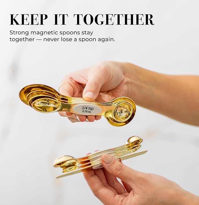 White and Gold Magnetic Measuring Spoons – Stainless Steel Double Sided Measuring Spoons for Cooking and Baking – Cute White and Gold Kitchen Accessories, Ideal for Gifting