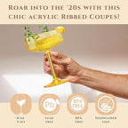 Khen Shatterproof Acrylic Ribbed Vintage Art Deco Martini, Champagne & Cocktail Spring & Summer Bright Pastel Colors Plastic Coupe Glasses | 5 Set | 8oz Ripple Classic Indoor & Outdoor, European Style
