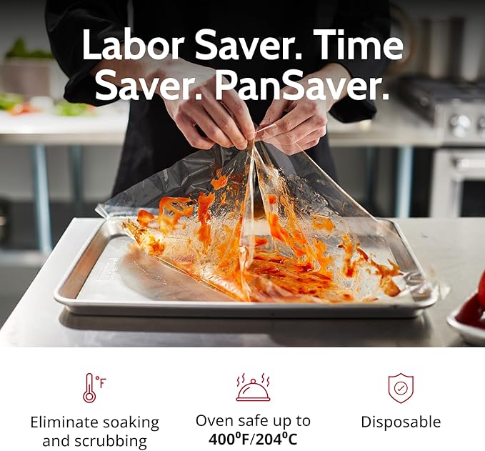 PanSaver Hotel Clear Sheet Pan Liners for Easy Clean Up - Disposable Buffet Pan Liners, Ovenable up to 400F (Bun Sheet Pan - 16 x 6 in)