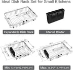 MAJALiS Expandable Stainless Steel Over The Sink Dish Drying Rack for Small Kitchen Counter Space Saving, Compact RV Plate Drainer Strainer in Silver Wire Metal with Hanging Adjustable Utensil Holder