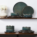 E-far Dinnerware Sets for 6, 18-Piece Stoneware Plates and Bowls Set, Ceramic Dishes Reactive Glaze Dinning Ware, Microwave & Dishwasher Safe - Obsidian Green