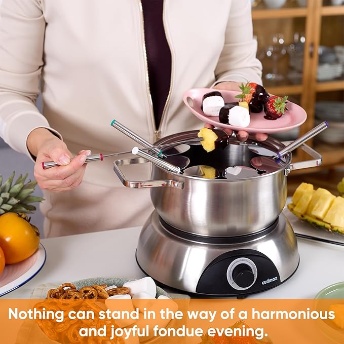 CUSIMAX 1500W Electric Fondue Pot Set, Fondue Pot for Chocolate, Cheese, Broth, Oil, Luminated Control Dial, Fondue Set with 8 Colour Coded Stainless Steel Forks, 1.4-Quart - Stainless Steel