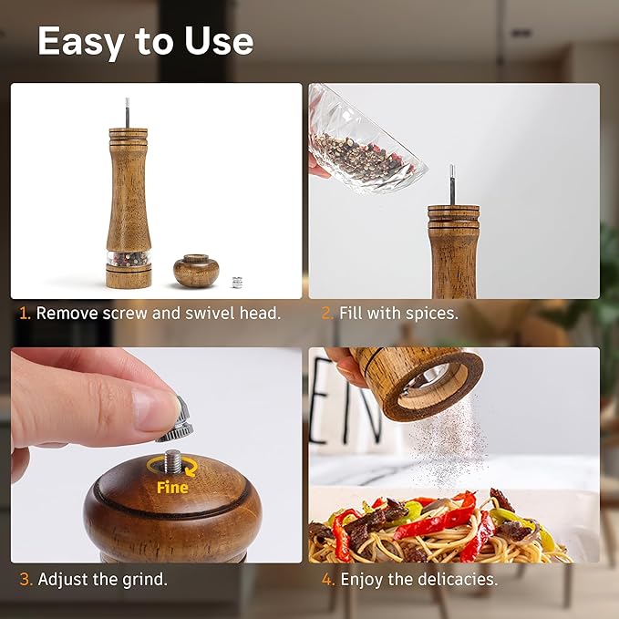 Wood Salt and Pepper Grinder, Salt Grinder and Pepper Mill, Oak Wood Shakers with Adjustable Ceramic Grinders (8″ - 1 Pack with Tray)