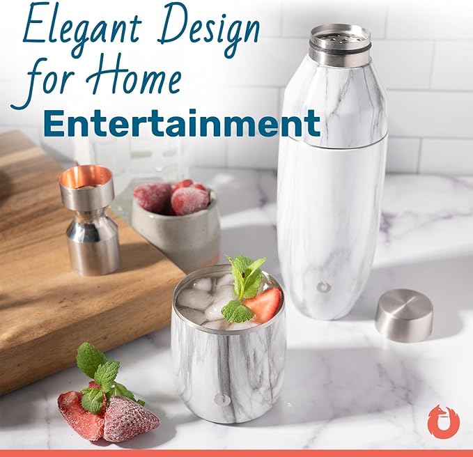 SNOWFOX Premium Vacuum Insulated Stainless Steel Cocktail Shaker, Home Bar Accessories, Elegant Drink Mixer, Leak, Proof Lid With Jigger & Built, In Strainer, Shimmer Gold, 22oz.