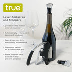 True Lever Corkscrew Manual Stoppers Top-Notch Cork Bottle Opener with Ergonomic Handle and Wine Preserver, Set of 3, Black