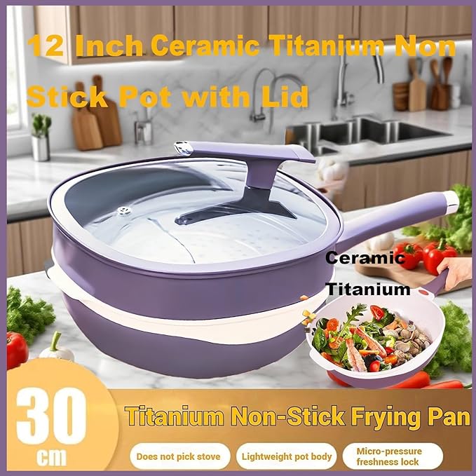 2026 Upgrade Titanium Pot 12in Titanium Alloy Non-Stick Pot with Lid with Steamer Titanium Frying Pans Nonstick Titanium Pots And Pans, Nonstick Frying Pan Cookware Sets, Deep Saute Pan (Red, 12in)