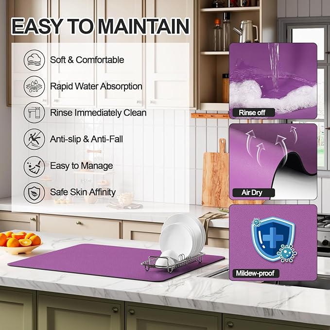 Ecotrim - Dish Drying Mat for Kitchen Counter | Coffee Bar Mat for Countertops | Heat Resistant Drainer Mat with Non-slip Rubber Backed | Hide Stain Kitchen Absorbent Draining Mat | Purple 16"x20"