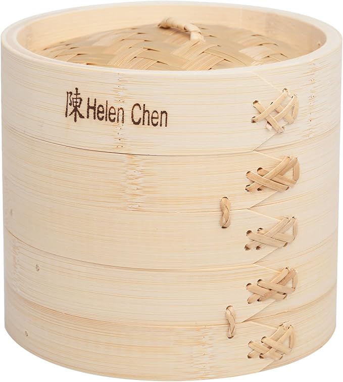 Helen's Asian Kitchen Bamboo Food Steamer With Lid, 6 Inch, 2 Tier Basket For Dumplings, Bao, Vegetables, Fish, And Rice