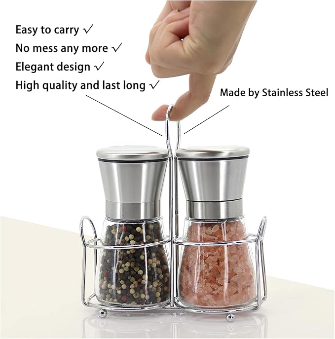 Premium Stainless Steel Salt and Pepper Grinder Set - Short Glass Shaker, Pepper Mill & Salt Mill with Adjustable Coarseness, Refillable for Himalayan or Sea Salt, Black Peppercorn, with Bonus Stand