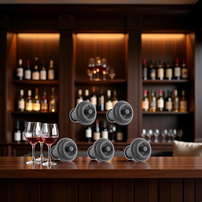 5Pcs Black Wine and Beverage Bottle Stoppers Silicone Sealed Wine Saver Pump Reusable Wine Corks Plug For Gift Bar Saver Stoppers With Strong Suction,Bar and Wine Tools