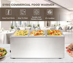 SYBO Food Warmer Commercial Grade Stainless Steel Bain Marie Easy to Clean Steam Table for Buffet Catering and Restaurants, ETL, CE ROHS Certified for Commercial, Safety (3 Sections)