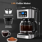 Taylor Swoden 12-Cup Programmable Coffee Maker, Regular & Strong Brew Drip Coffee Machine for Home and Office, Glass Carafe, Pause & Serve, Auto Shut Off, Black & Stainless Steel