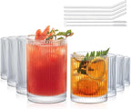 INSETLAN Set of 8 Ribbed Glassware - 4 Large Glasses 17 oz, 4 Rocks Glass Cups 10 oz, Vintage Glassware Cocktail Glasses, Ideal for Beer, Juice, Water, Ice Coffee Cup, Whiskey, Mixed Drinkware