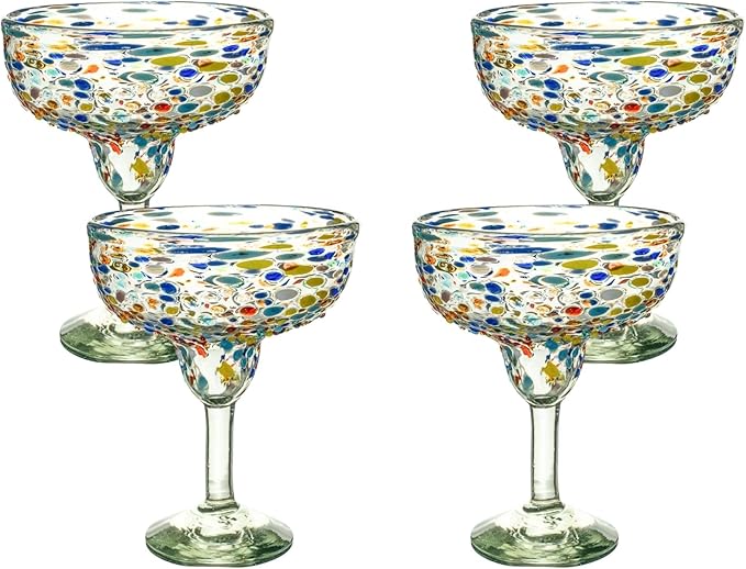 Confetti Dots Hand Blown Margarita Glasses - 100% Recycled Mexican Glassware - Artisan Crafted Drinking Glasses for Margaritas, Frozen Cocktails or Tequila - Set of 4 (14 oz)