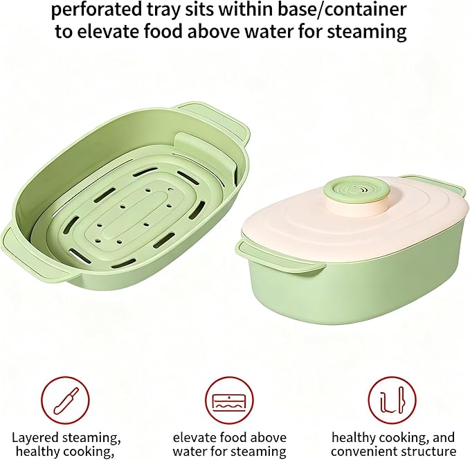 44oz Microwave-Safe Silicone Steamer Bowl with Handle & Lid,9.8x5.7x4in Large BPA-Free Steamer with Removable Rack, Rotating Steam Vent, Freezer & Dishwasher Safe, Ideal for Vegetables, Fish Cooking