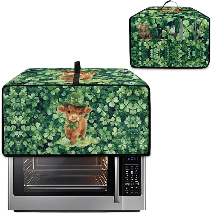 Highland Cow Four Leaf Clover Print Toaster Oven Cover Microwave Cover for Kitchen Countertop Appliance Dust Protector Decorative Oven Accessories for St. Patrick's Day Decor, Green, L