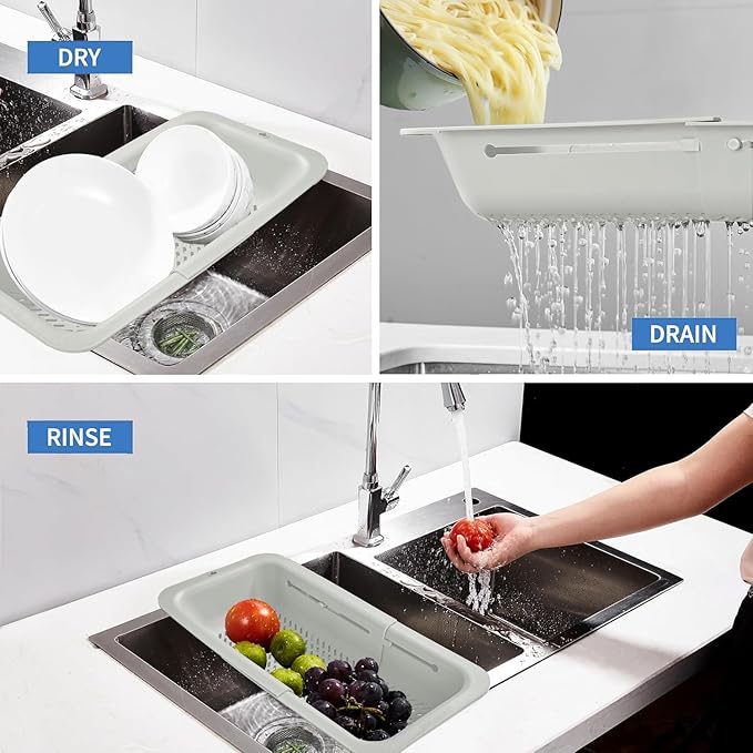 LASSHSWA Collapsible Colander for Kitchen, Over the Sink Strainer Basket for Kitchen, Fruit Pasta Food Strainer Expandable Plastic Colander BPA Free (Light Gray)