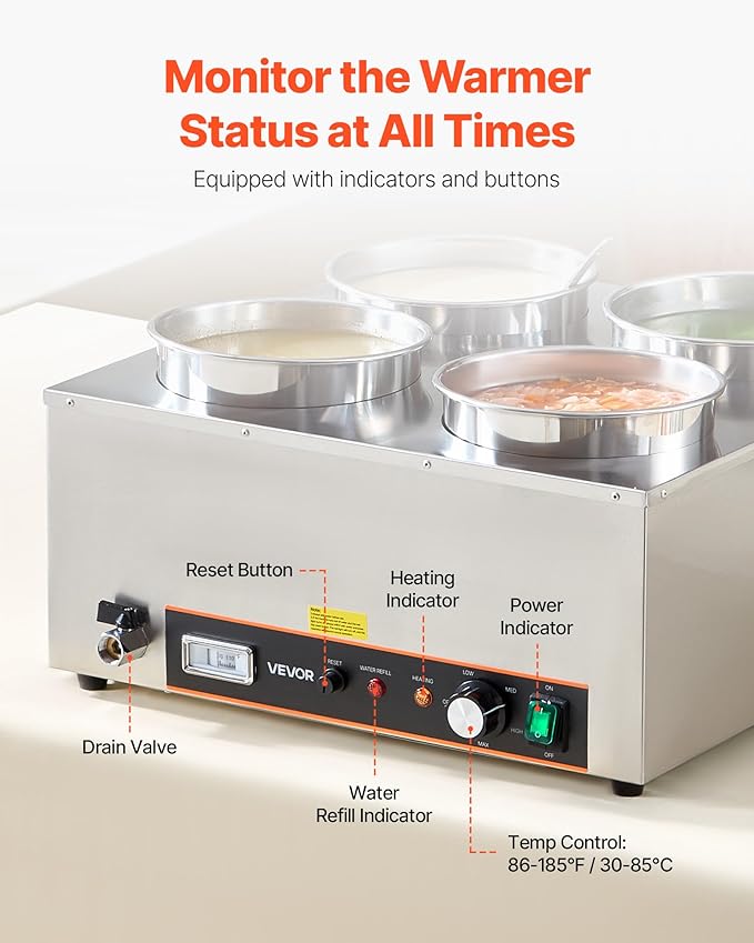 VEVOR Electric Soup Warmer, Four 6.34QT Stainless Steel Round Pot with 86~185°F Adjustable Temp, 1500W Commercial Bain Marie with Anti-Dry Burn and Reset Button, Soup Station for Restaurant, Buffet