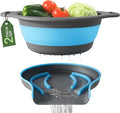 Gevoli Strainer with Self-Draining Base (5QT) Over-Sink Collapsible Kitchen Colander Set with Side-drain Base for Pasta Vegetables and Fruit, XL Large Capacity, Dishwasher Safe (5-Quart) Blue/Gray