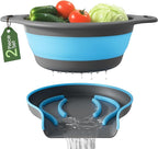 Gevoli Strainer with Self-Draining Base (5QT) Over-Sink Collapsible Kitchen Colander Set with Side-drain Base for Pasta Vegetables and Fruit, XL Large Capacity, Dishwasher Safe (5-Quart) Blue/Gray