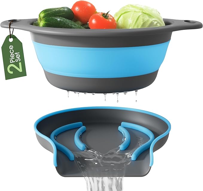 Gevoli Strainer with Self-Draining Base (5QT) Over-Sink Collapsible Kitchen Colander Set with Side-drain Base for Pasta Vegetables and Fruit, XL Large Capacity, Dishwasher Safe (5-Quart) Blue/Gray