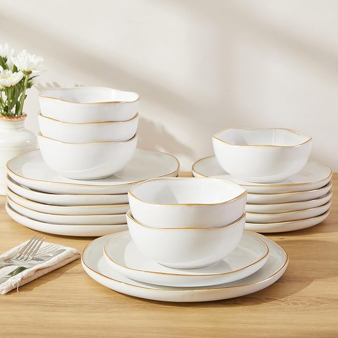 Pokini 18 Piece White Reactive Glaze Dinnerware Set for 6, Irregular Coastal Shape Stoneware | Elegant & Minimal Design for Daily Family Dinners or Weekend Guests
