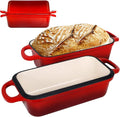 FUNKYLEE Enameled Cast Iron Bread Pan with Lid, 2-in-1 Loaf Pan for Baking Bread 8.5x4.5, Professional Sourdough Bread Pan for Homemade Bread, Set of 2, Red