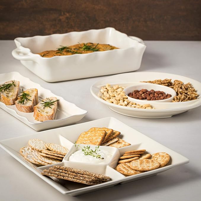 Casafina Ceramic 17.25" x 10.25" Rectangular Ruffled Baker - Cook & Host Collection, White | Oven & Dishwasher Safe Bakeware | Food Safe Glazing | Restaurant Quality Dinnerware