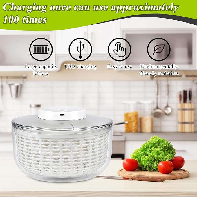 Electric Salad Spinner, 6L Lettuce Spinner Large Capacity USB Chargeble Fruit Vegetable Washer Dryer for Home Kitchen, Include Grater, Scissor, Sauce bottle, 3 Towels