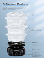 3 Tier Electric Food Steamer for Cooking, 13.7QT Vegetable Steamer for Fast Simultaneous Cooking, Veggie Steamer, Food Steam Cooker, 60 Minute Timer, BPA Free Baskets, 800W(Black)