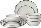 Gibson Home Havenstone 12-Piece Porcelain Dinnerware Set – Dinner Plates, Salad Plates & Bowls, Classic White With Black Rim Everyday Dish Set for Home, Kitchen, Microwave & Dishwasher Safe