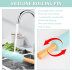 3Pcs Silicone Rolling Pin for Baking Sets,15Inch Pastry Dough Roller with Wooden Handle Silicone Mat and Brush, Non Stick Surface Rolling Pins for Dough Cookie Baking Kitchen Accessories(Green)