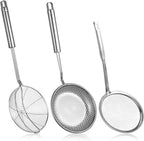 Spider Strainer & Skimmer Spoon Set, 3-Piece Stainless Steel Ladle Metal Wire Sieve Large Holes Slotted Colander Fryer Scoop Fine Mesh Strainers with Long Handle, Food Sifter for Kitchen Cooking