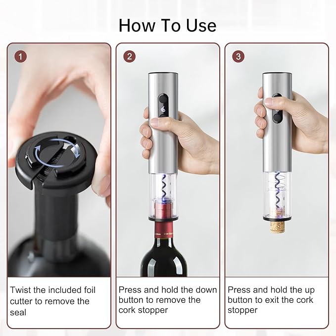 Rechargeable Wine Opener by ELMWAY, Electric Wine Bottle Opener with Foil Cutter, LED Light and Stainless Steel Shell, Cordless Corkscrew & Cork Remover, Gifts for Wine lover- Silver