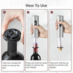 Rechargeable Wine Opener by ELMWAY, Electric Wine Bottle Opener with Foil Cutter, LED Light and Stainless Steel Shell, Cordless Corkscrew & Cork Remover, Gifts for Wine lover- Silver