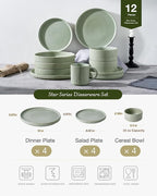 Famiware Star 12-Piece Stoneware Dinnerware Sets, Service for 4 - Handcrafted Reactive Glaze Plates and Bowls, Modern Rustic Dishes, Chip/Scratch Resistant, Microwave/Dishwasher Safe, Matte Sage Green
